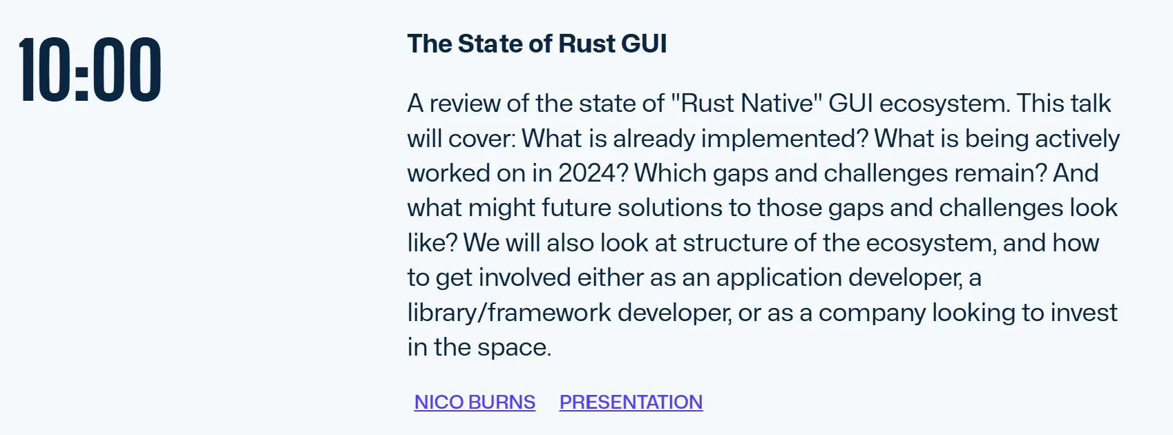 Schedule entry for ‘The State of Rust GUI’ at 10:00, with the talk abstract and links to speaker Nico Burns and the presentation
